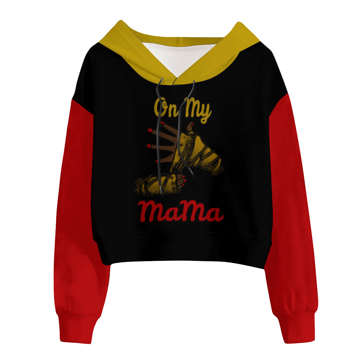 "On My Mama" - Lady's Cropped Hoodie (Black/Red/Gold)