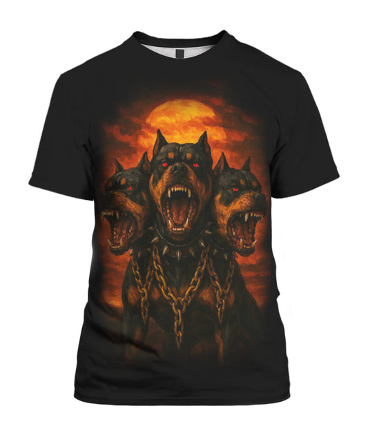 Three Headed Pit Bull Art - T-Shirt