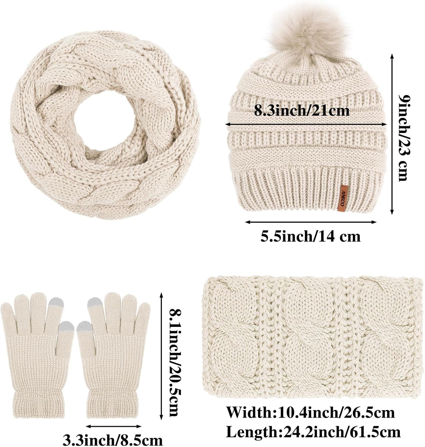 Womens Knitted Fur Pompoms glove set 