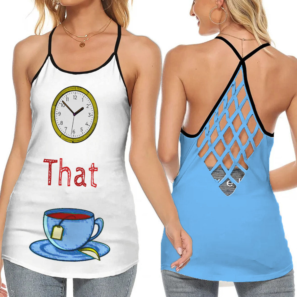 "Clock That Tea" - Lady's Criss Cross Tank Top - (White/Blue)
