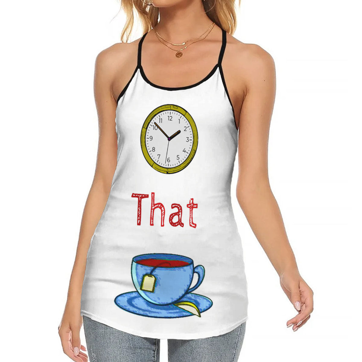 "Clock That Tea" - Lady's Criss Cross Tank Top - (White/Blue)