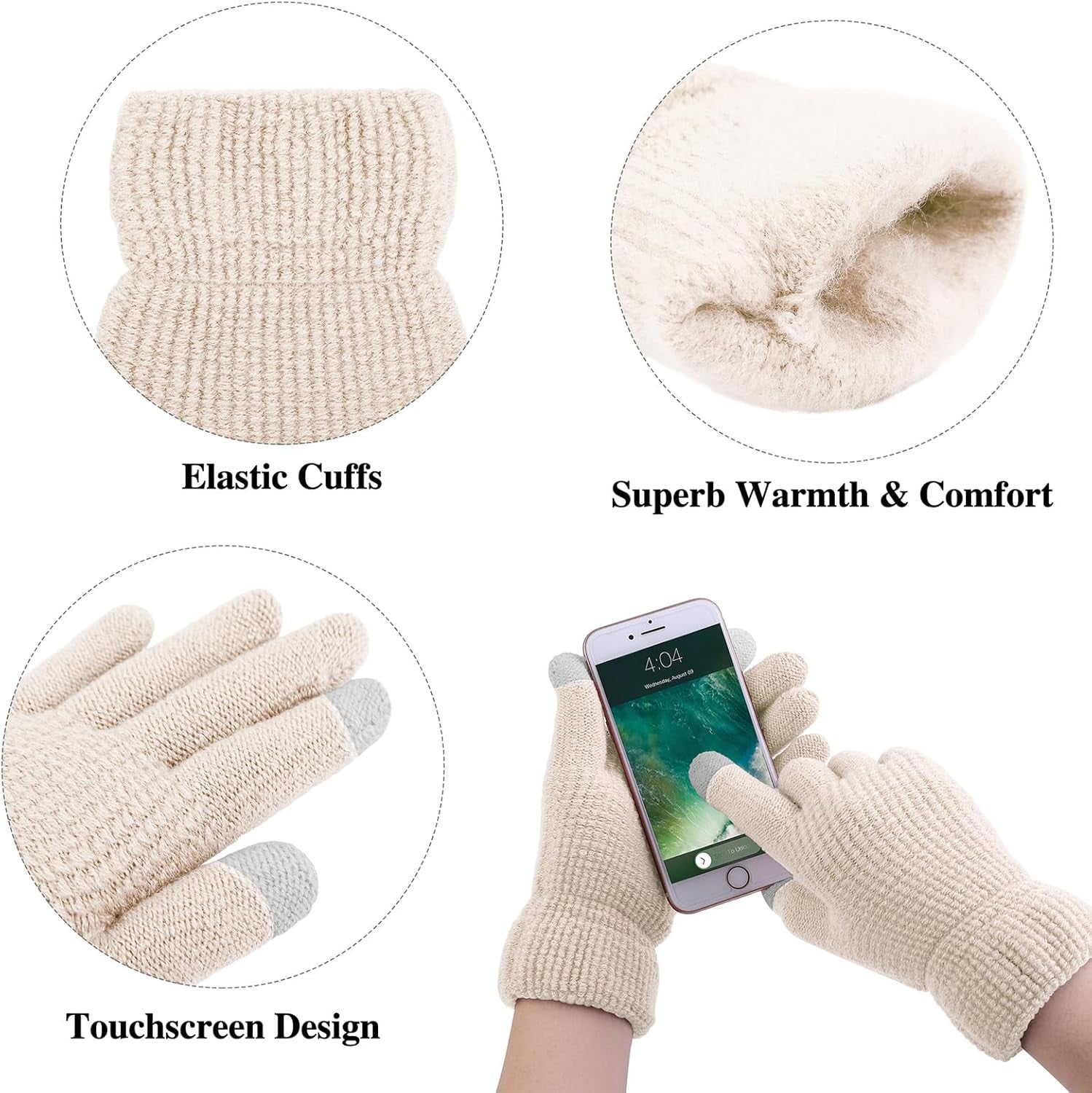 Womens Knitted Fur Pompoms glove set 