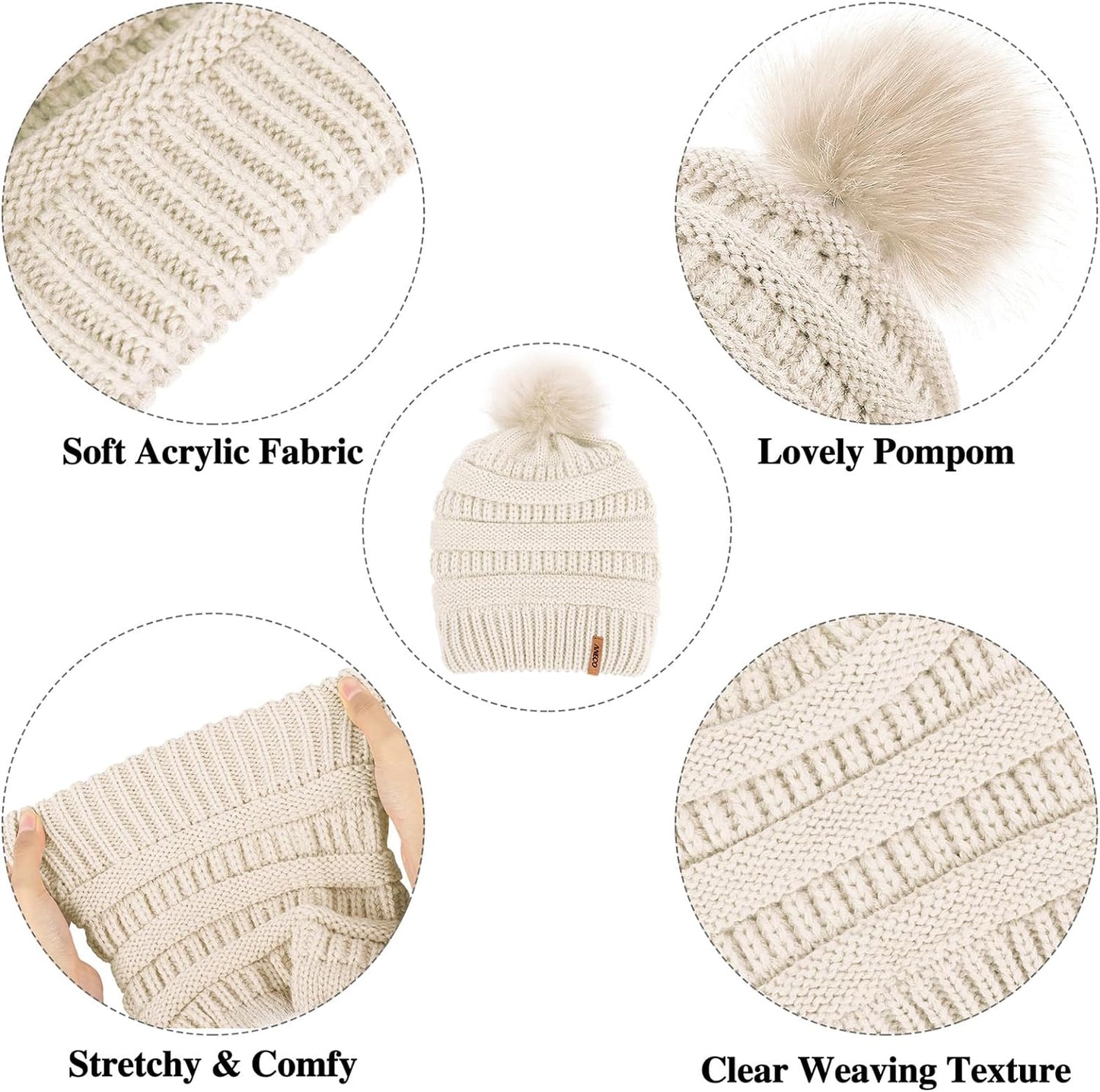 Womens Knitted Fur Pompoms glove set 