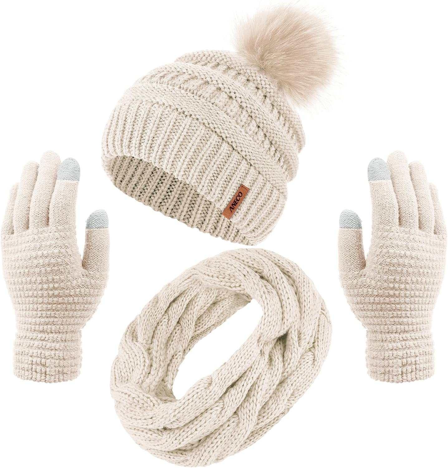 Womens Knitted Fur Pompoms glove set 