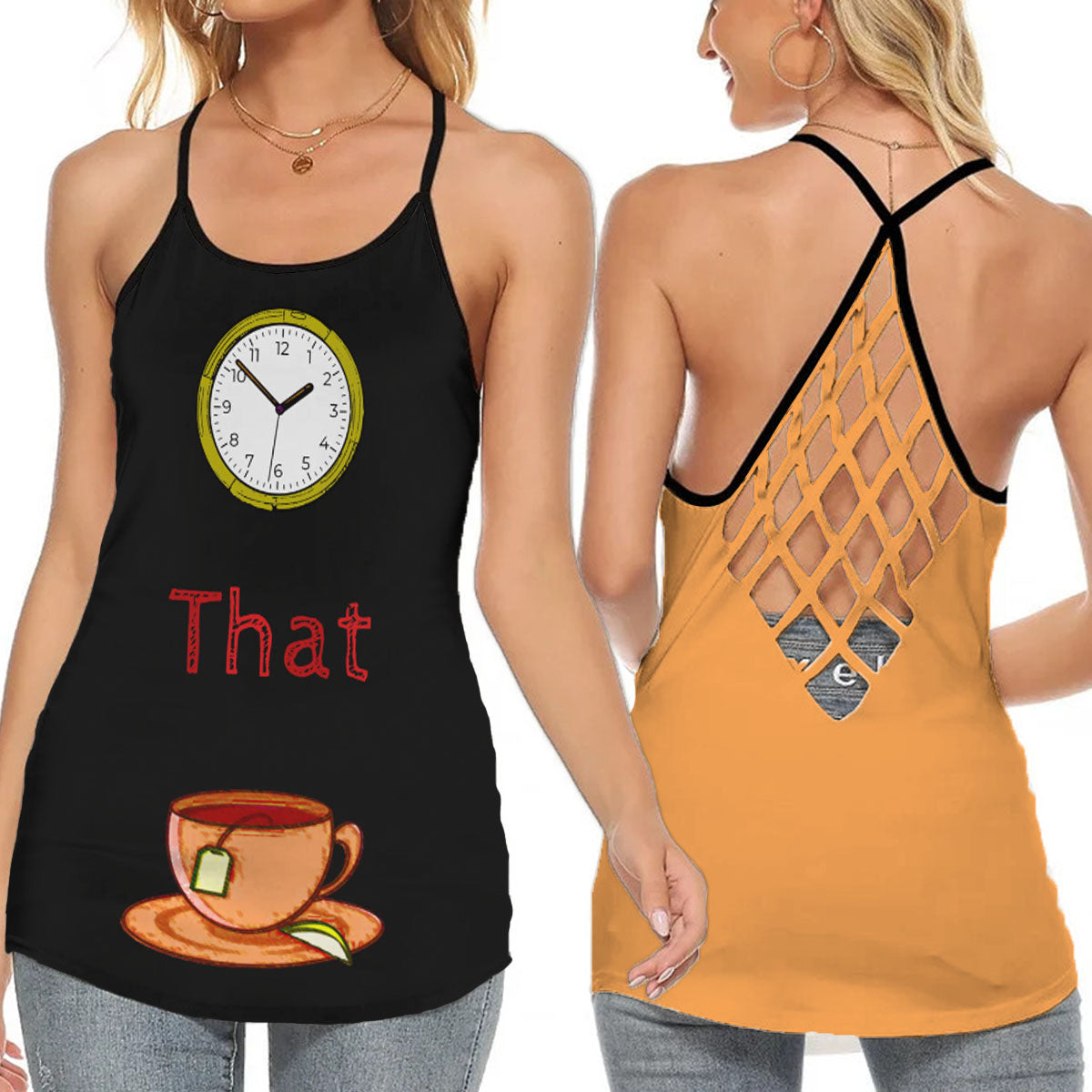 "Clock That Tea" - Lady's Criss Cross Tank Top - (Black/Orange)