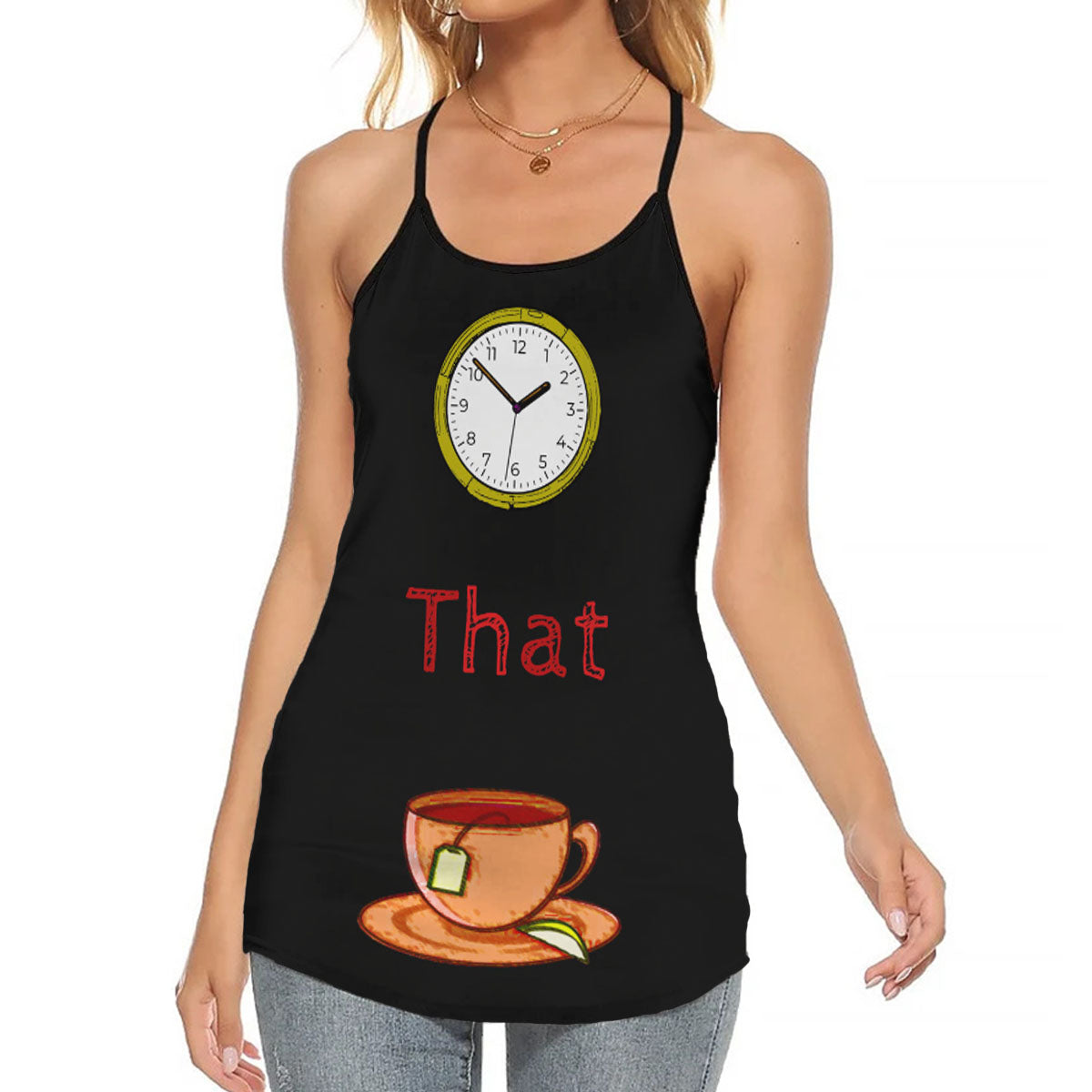 "Clock That Tea" - Lady's Criss Cross Tank Top - (Black/Orange)