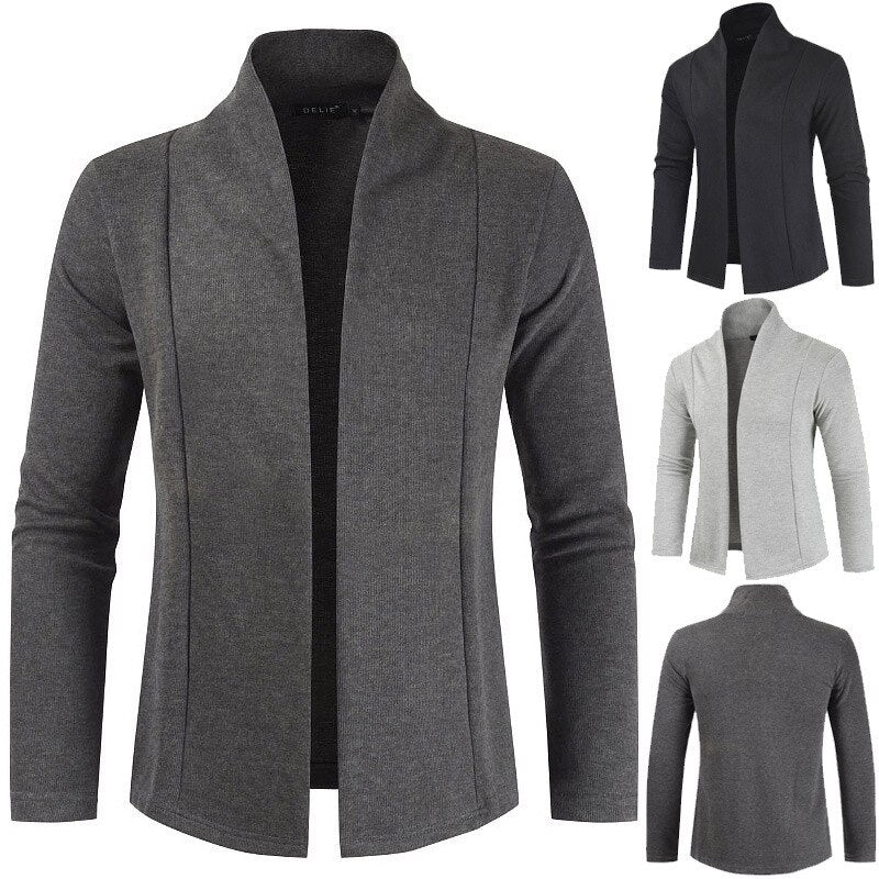 Dark Grey Slim Cardigan Sweater for Men - Casual Knitted Men's Sweater - Shawl Collared 