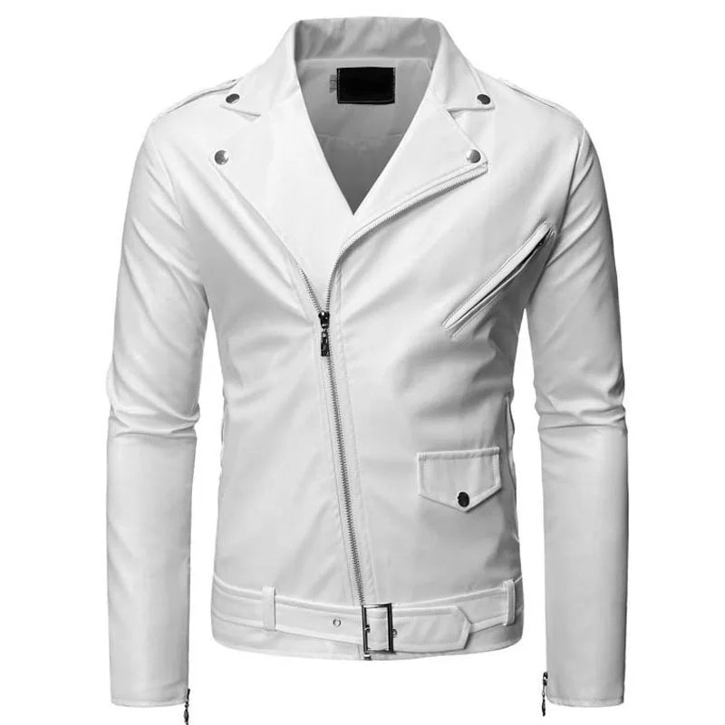 Business Fashion Slim Fit Motorcycle Leather Jacket - White