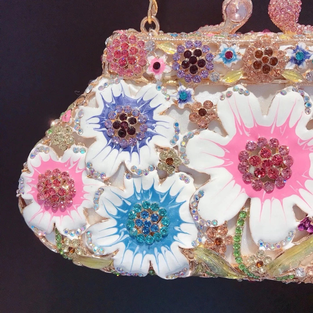  Floral Crystal Diamond Rhinestone Handbag Party Purse - (Flower Styles)