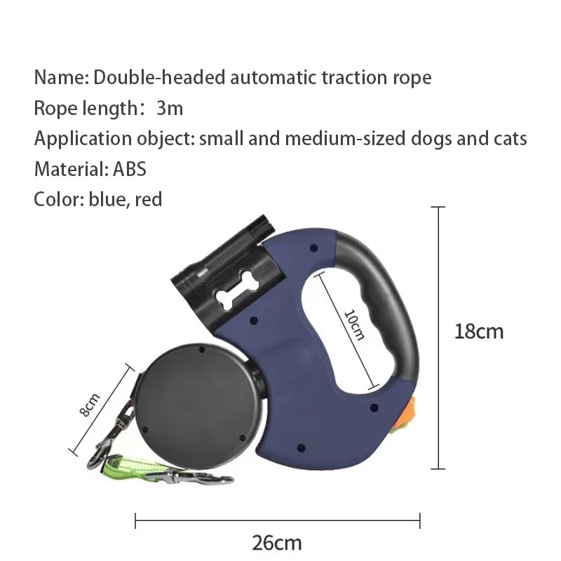  360 Degree Retractable Double Dog Leash / Outdoor Solid 3M Long Leashes for Two Dogs with LED Lighting 