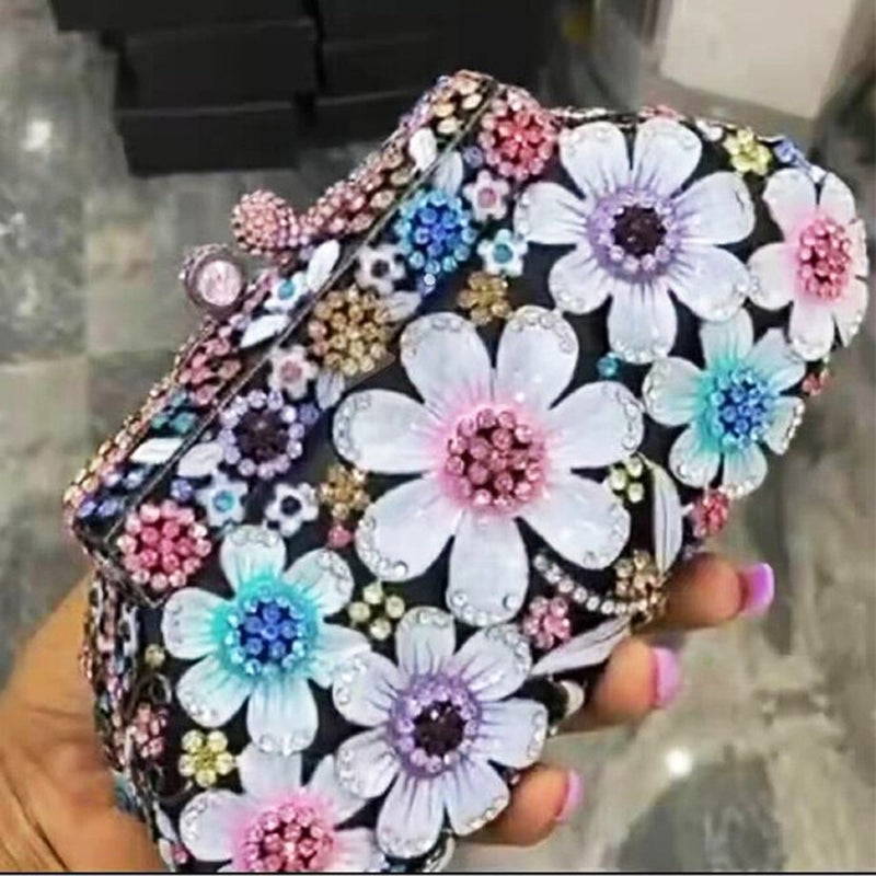  Floral Crystal Diamond Rhinestone Handbag Party Purse - (Flower Styles)