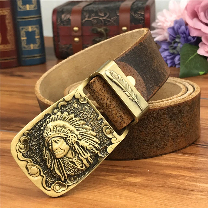 Brass Chief Cowboy Leather Belt Buckle 