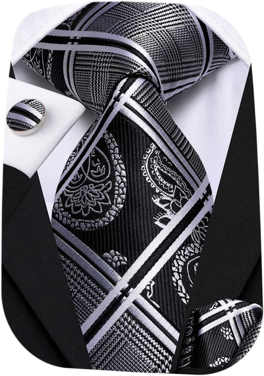 Classic Men's Plaid Tie with Handkerchief Cufflinks Set