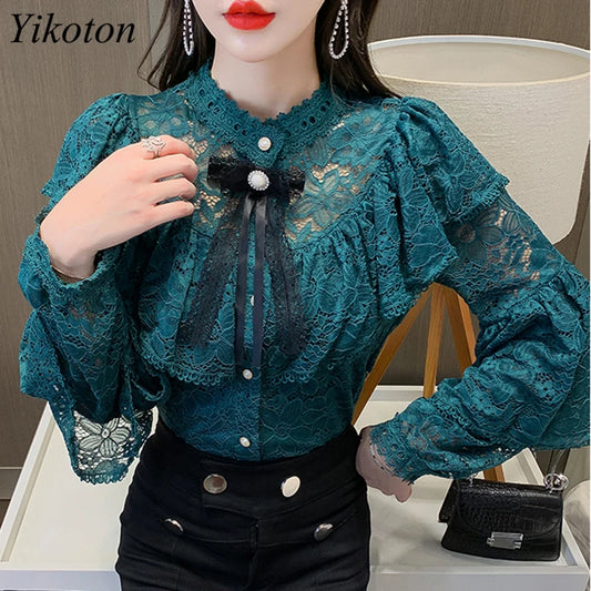 Hollow Flower Ruffle Blouse Bow Beading - Long Sleeve Loose Blusas Top