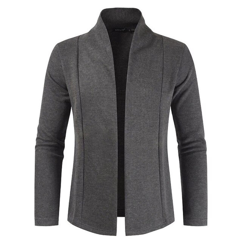 Dark Grey Slim Cardigan Sweater for Men - Casual Knitted Men's Sweater - Shawl Collared 