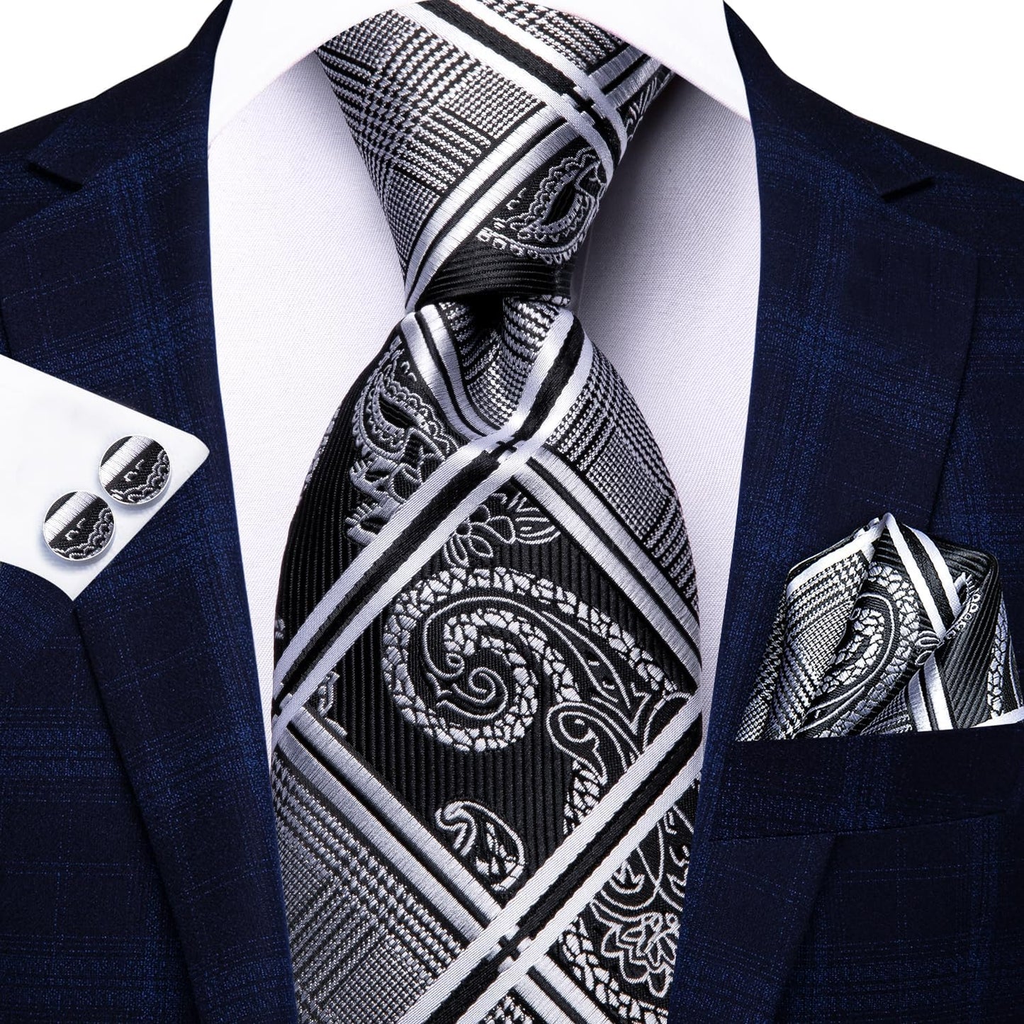 Classic Men's Plaid Tie with Handkerchief Cufflinks Set